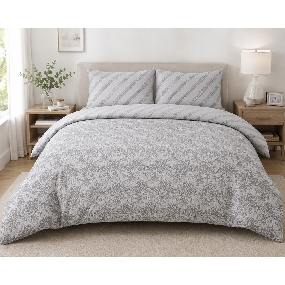Silver Grey Reversible Damask Duvet Set | King, Stripe Reverse