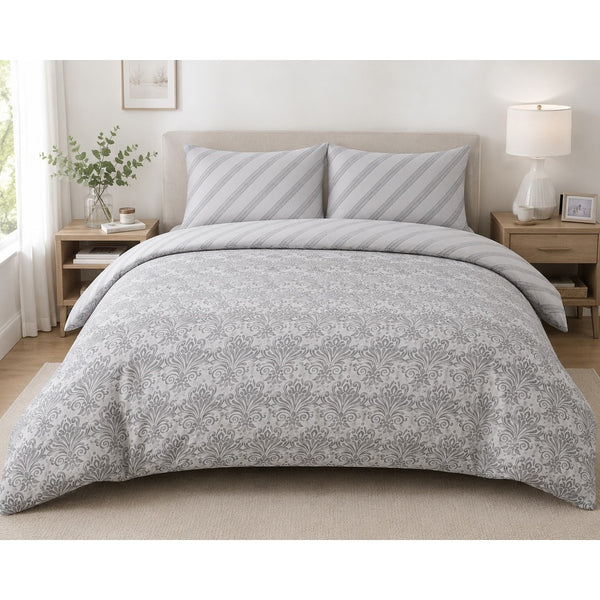 Silver Grey Reversible Damask Duvet Set | King, Stripe Reverse