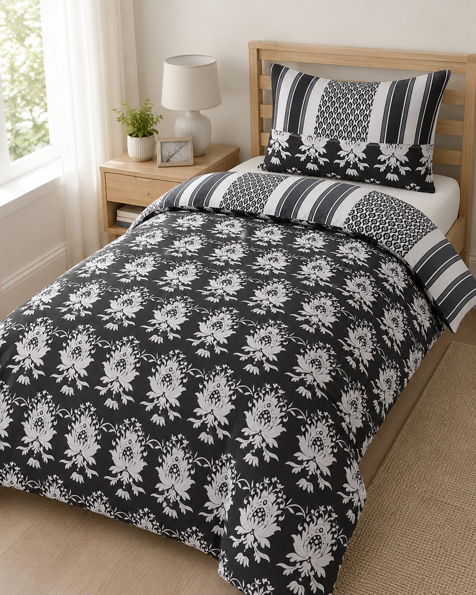 Warbler Grey Floral Damask Duvet Set | Single, Monochrome Design