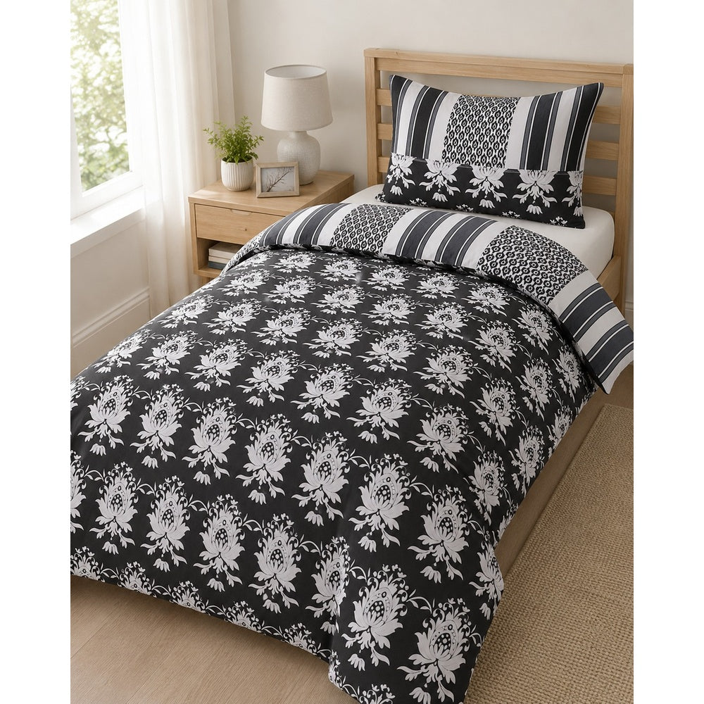 Warbler Grey Floral Damask Duvet Set | Single, Monochrome Design