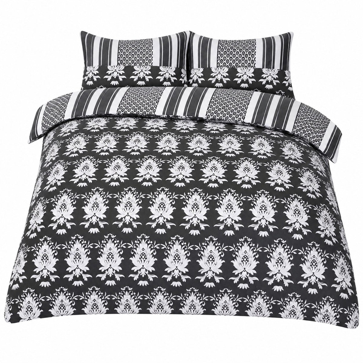 Warbler Grey Reversible Floral Damask Duvet Set | King, Striped Reverse