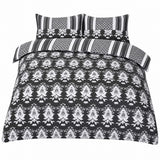 Warbler Grey Floral Damask Duvet Set | Super King, Striped Panels