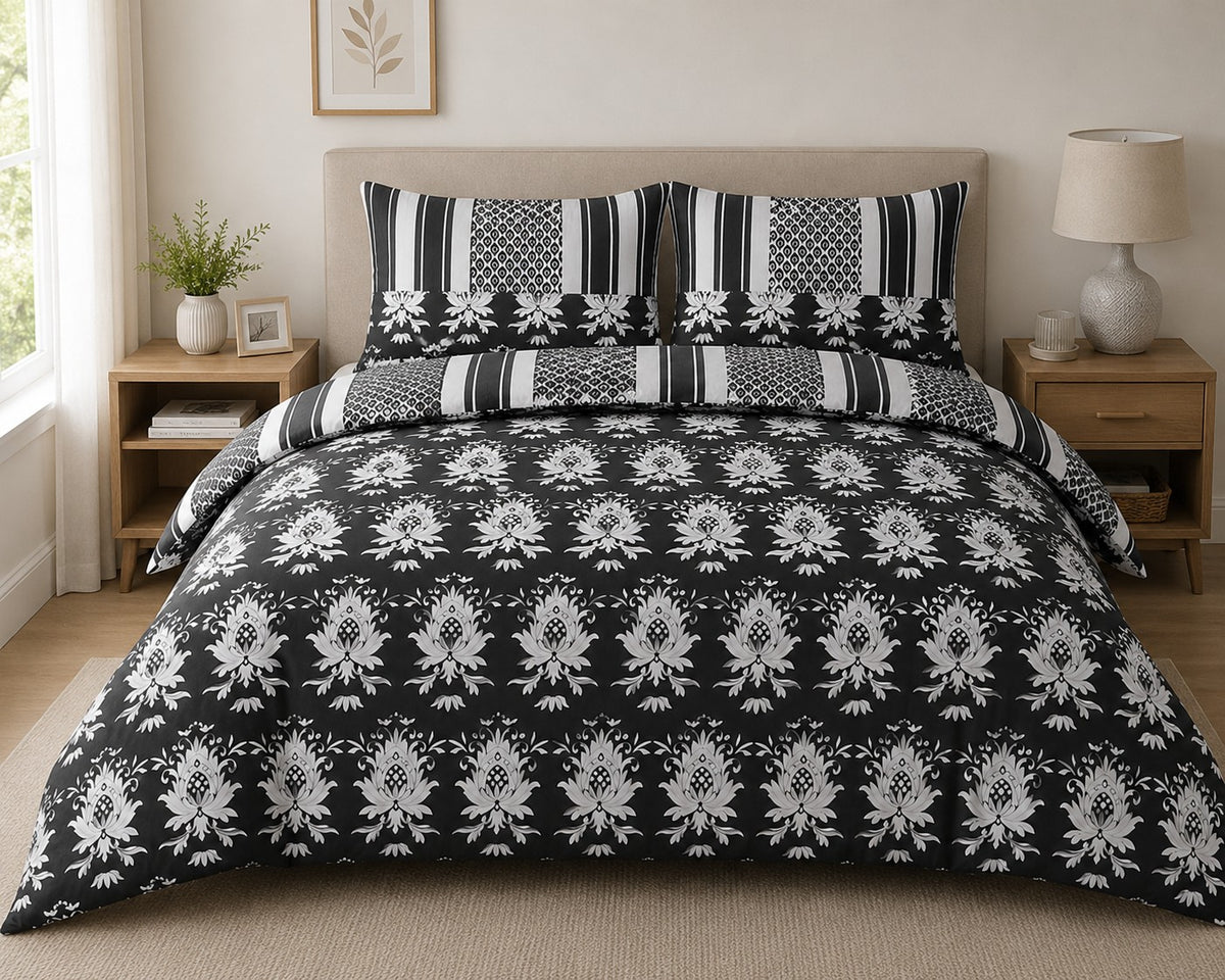 Warbler Grey Floral Damask Duvet Set | Super King, Striped Panels