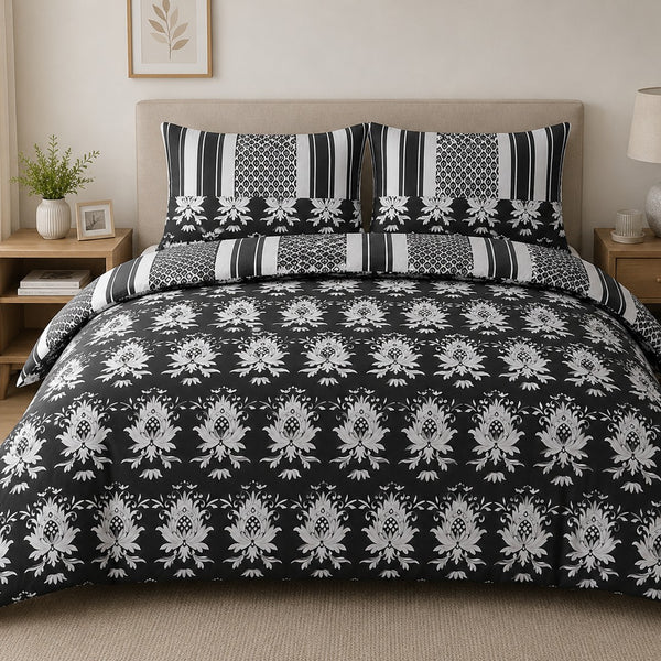 Warbler Grey Floral Damask Duvet Set | Super King, Striped Panels