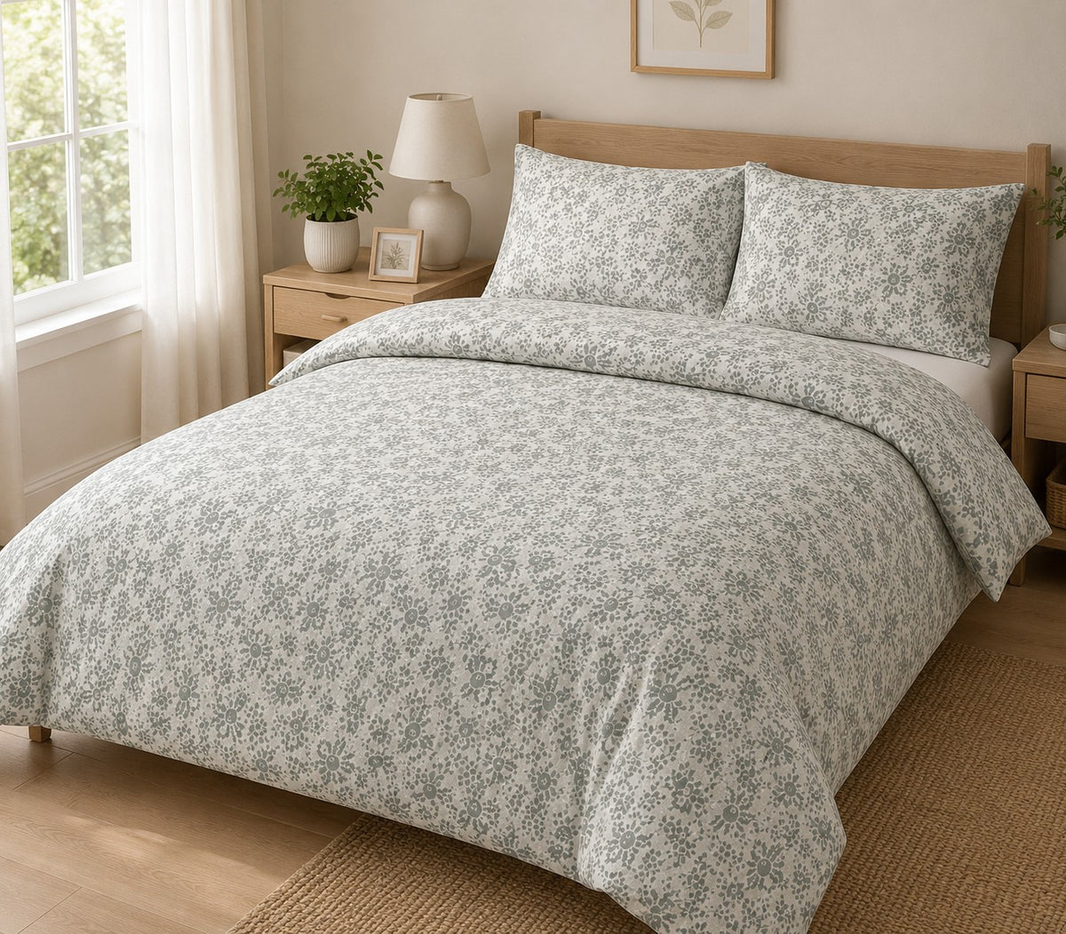 Maz Green Ditsy Floral Duvet Cover Set | Double, Matching Pillowcases