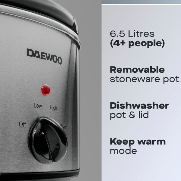 Daewoo 6.5L Stainless Steel Slow Cooker | 3 Heat Settings, Warm Function
