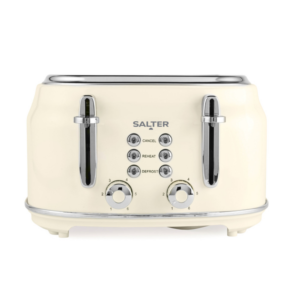 Salter Retro 4 Slice Toaster | Cream, Dual Controls, Reheat and Defrost