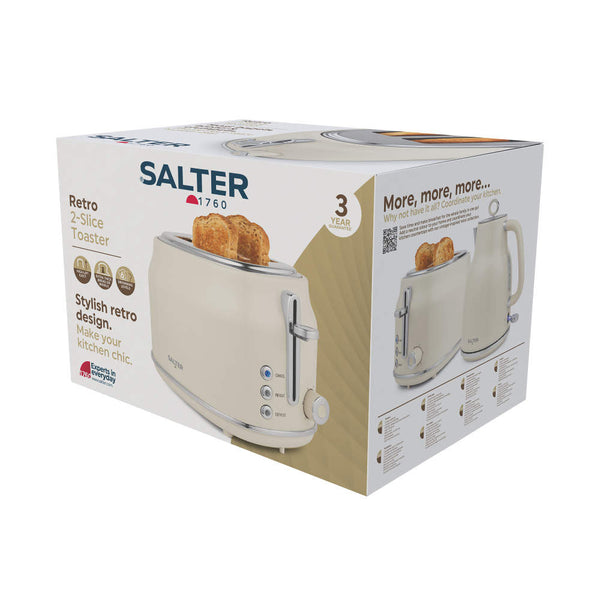Salter Retro 2 Slice Toaster | Cream, Dual Controls, Reheat and Defrost