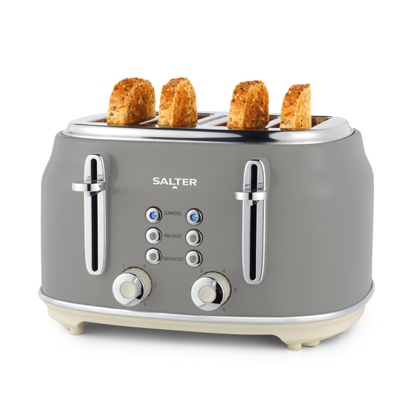 Salter Retro Grey 4 Slice Toaster | Dual Controls, 6 Browning Levels