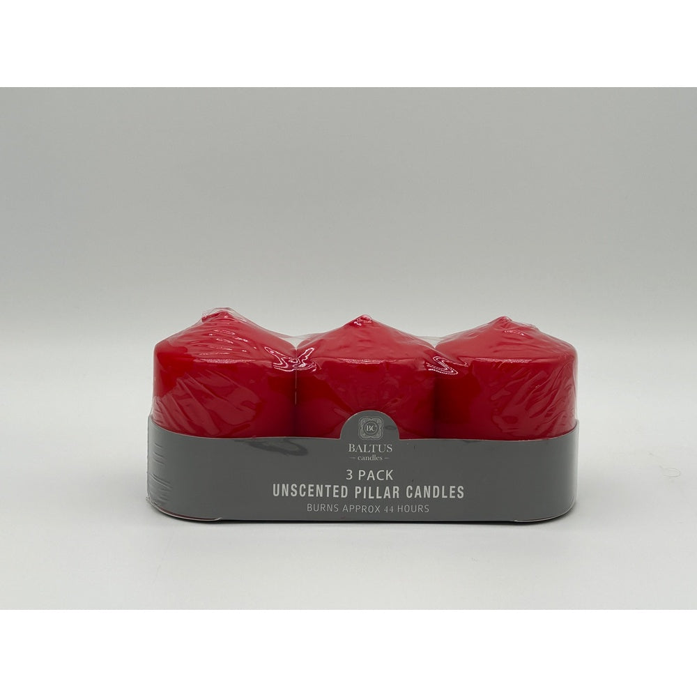 Set of 3 Red Pillar Candles - Unscented - 7x9cm