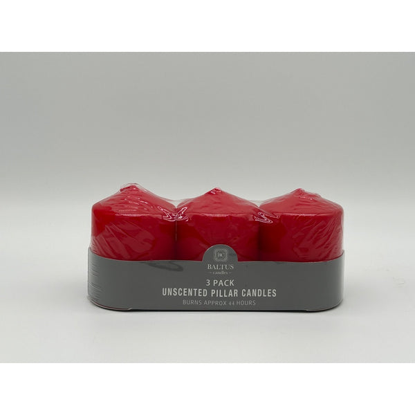 Set of 3 Red Pillar Candles - Unscented - 7x9cm