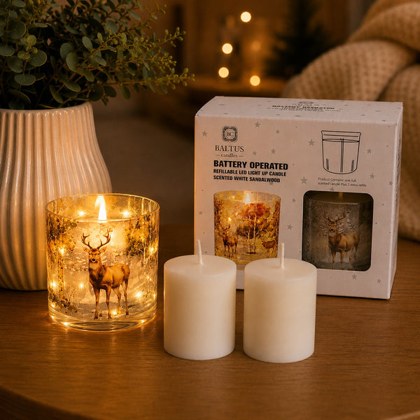 Baltus Winter Deer LED Scented Candle with Refills | 10cm, White Sandalwood