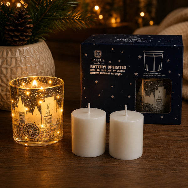 Baltus Gold LED Scented Carousel Candle | 10cm, Midnight Patchouli, 2 Refills