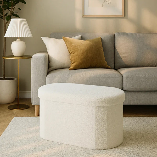 Cream Teddy Bouclé Foldable Storage Ottoman | Padded Seat, Hidden Storage