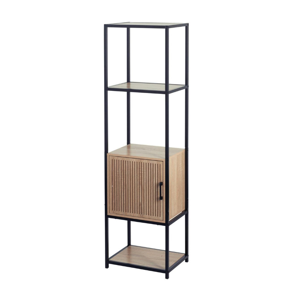 Tall Wood-Effect Storage Unit | Black Metal Frame, Slatted Cabinet