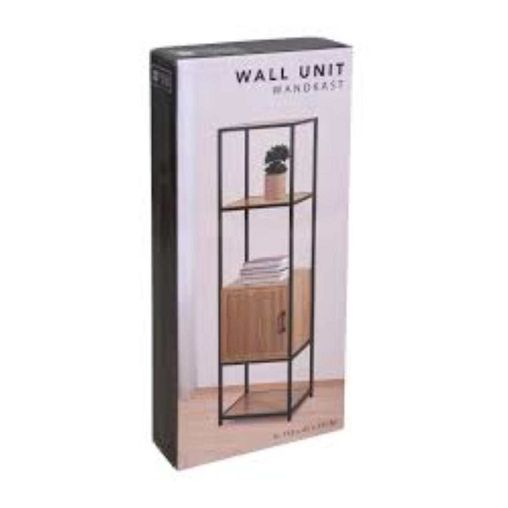 Tall Wood-Effect Storage Unit | Black Metal Frame, Slatted Cabinet