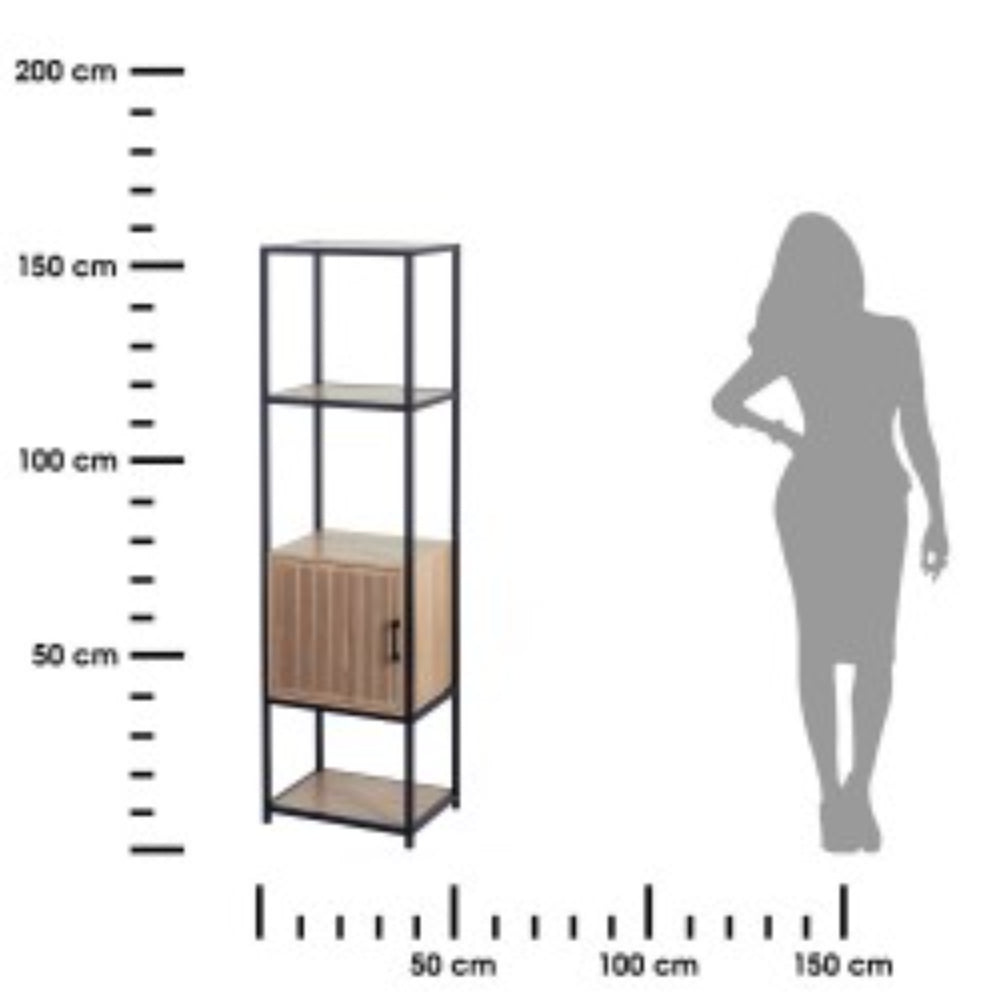 Tall Wood-Effect Storage Unit | Black Metal Frame, Slatted Cabinet