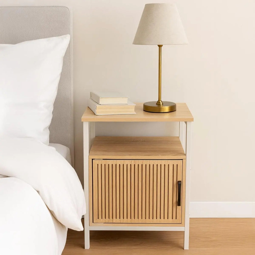 Home Collection White Metal Frame Bedside Cabinet | Slatted Door, 43 x 33 x 55cm