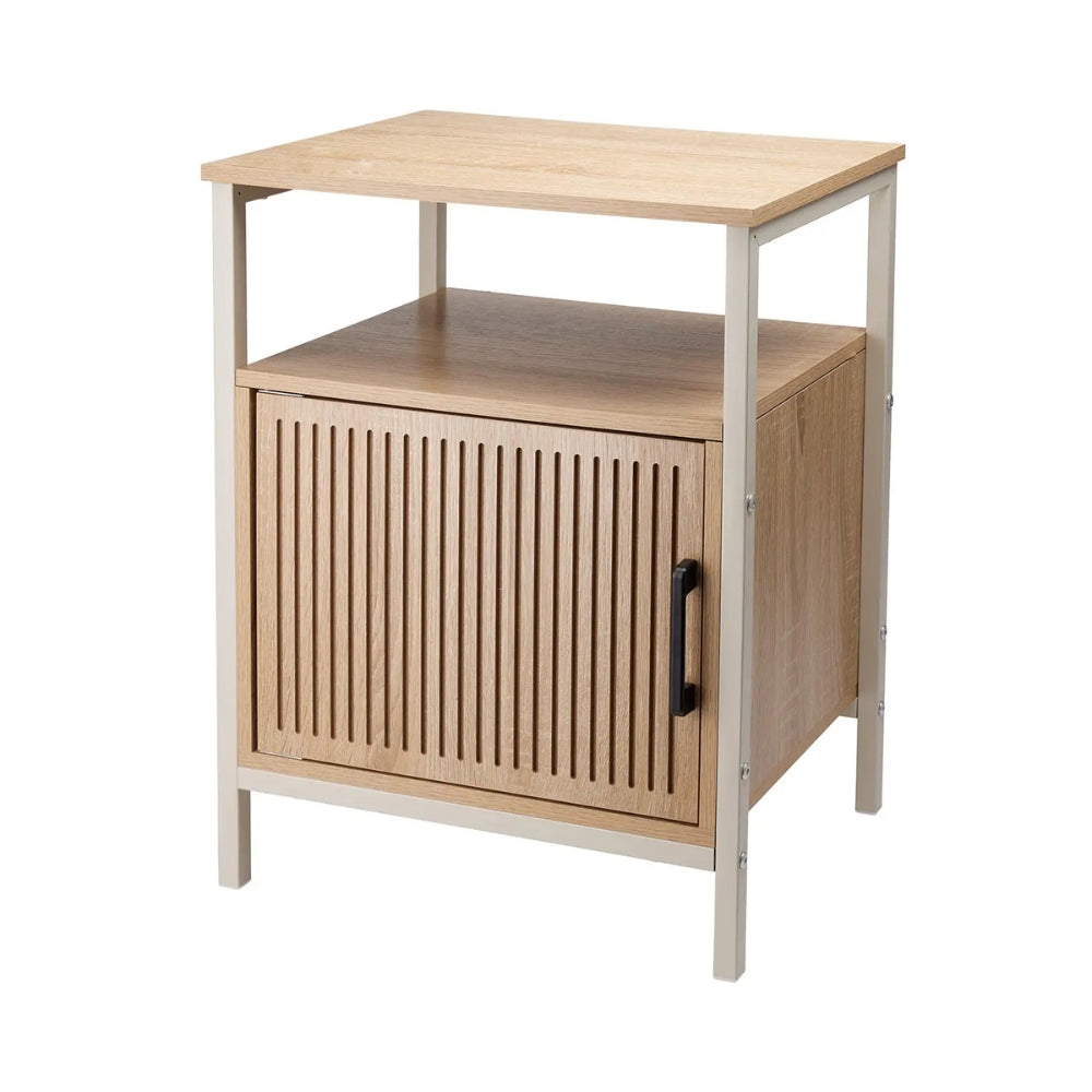 Home Collection White Metal Frame Bedside Cabinet | Slatted Door, 43 x 33 x 55cm
