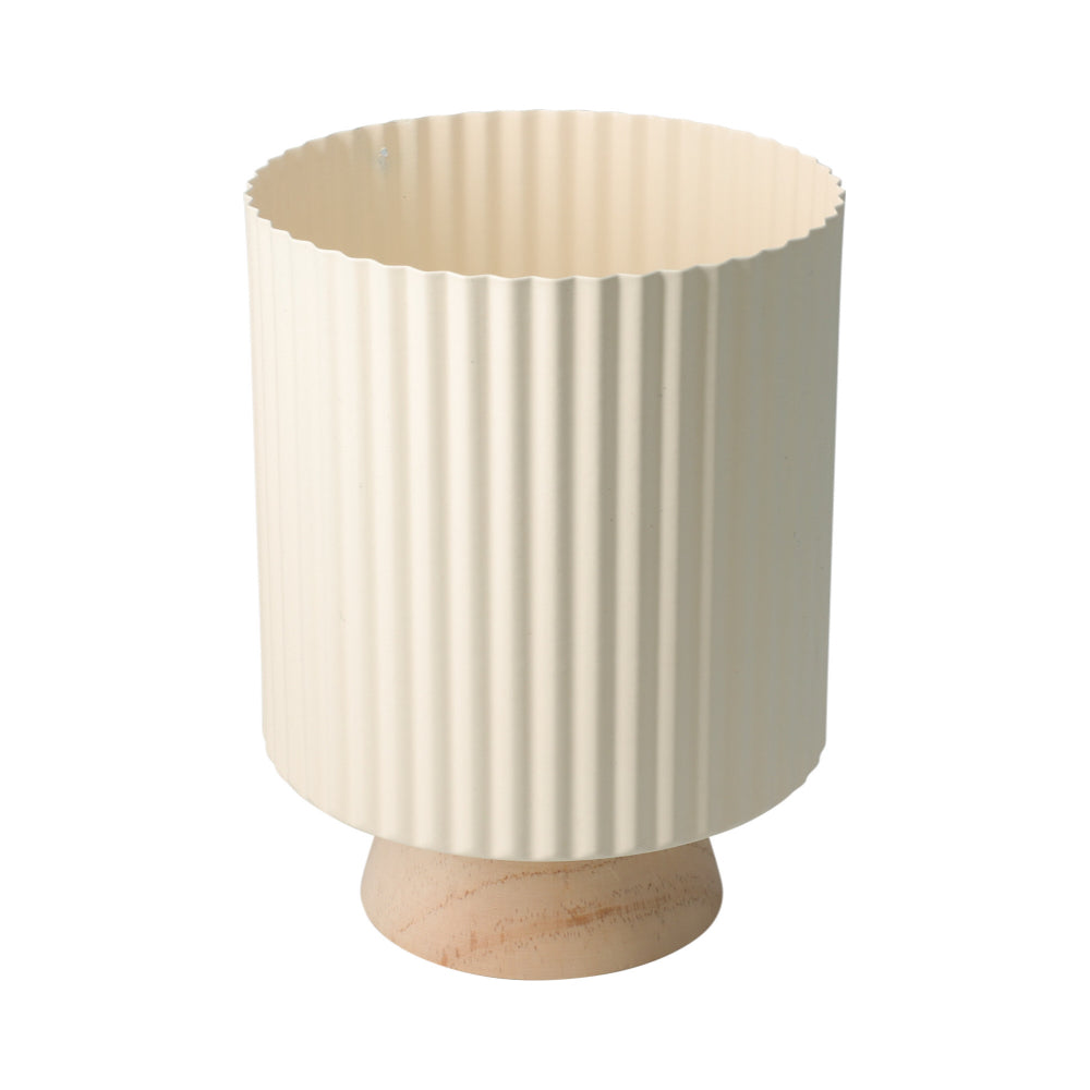 Home Decor Ribbed Planter Pot | Cream, Pedestal Base, Wood-Look Detail, H23cm
