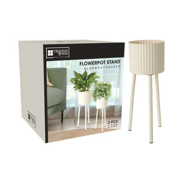 Home Decor Ribbed Planters on Stand Set of Two | Cream, Two Heights