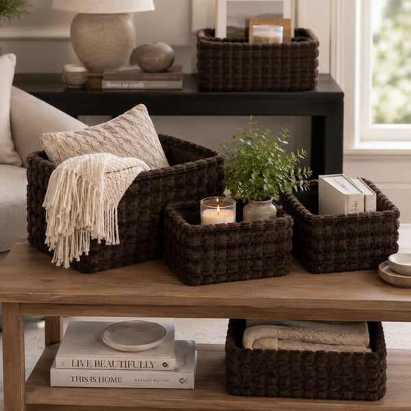 Soft Plush Rectangular Storage Baskets | Set of 3, Assorted Neutral Colours