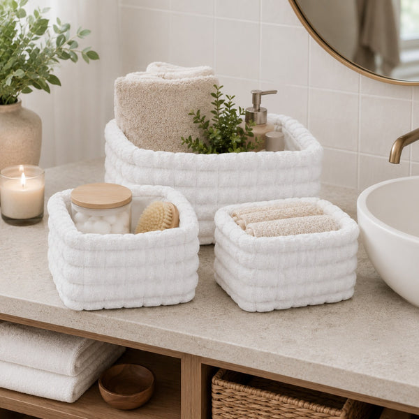 Soft Plush Rectangular Storage Baskets | Set of 3, Assorted Neutral Colours