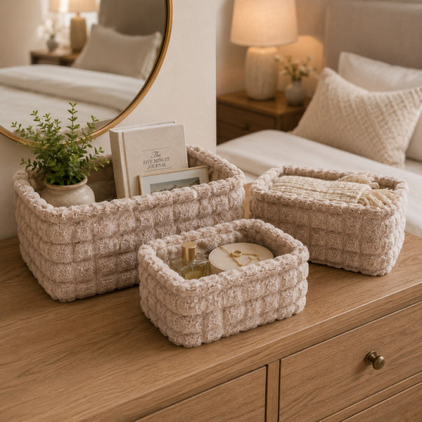 Soft Plush Rectangular Storage Baskets | Set of 3, Assorted Neutral Colours