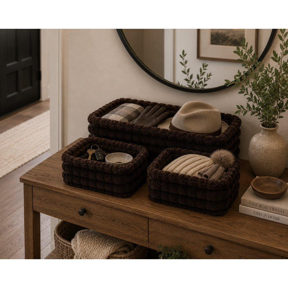 Soft Plush Rectangular Storage Baskets | Set of 3, Assorted Neutral Colours