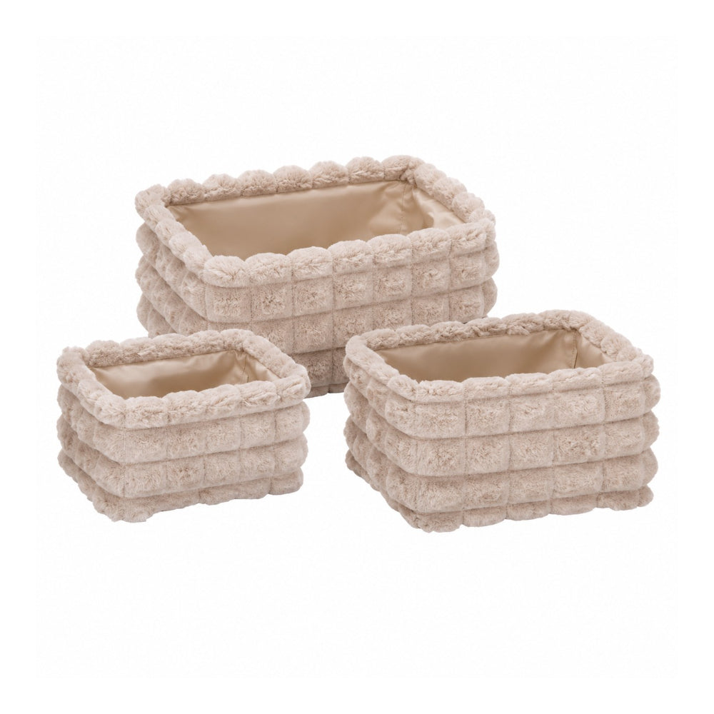 Soft Plush Rectangular Storage Baskets | Set of 3, Assorted Neutral Colours