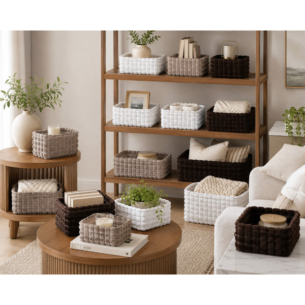 Soft Plush Rectangular Storage Baskets | Set of 3, Assorted Neutral Colours