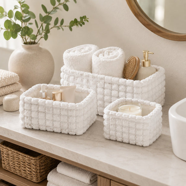 Soft Plush Rectangular Storage Baskets | Set of 3, Assorted Neutral Colours