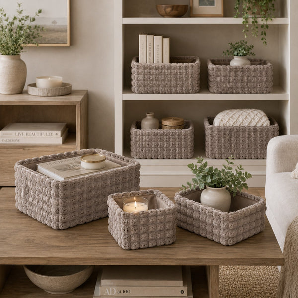 Soft Plush Rectangular Storage Baskets | Set of 3, Assorted Neutral Colours