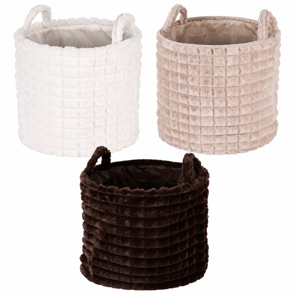 Plush Ribbed Round Storage Basket | 38cm, Assorted Colours, with Handles