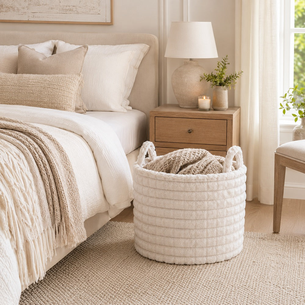 Plush Ribbed Round Storage Basket | 38cm, Assorted Colours, with Handles
