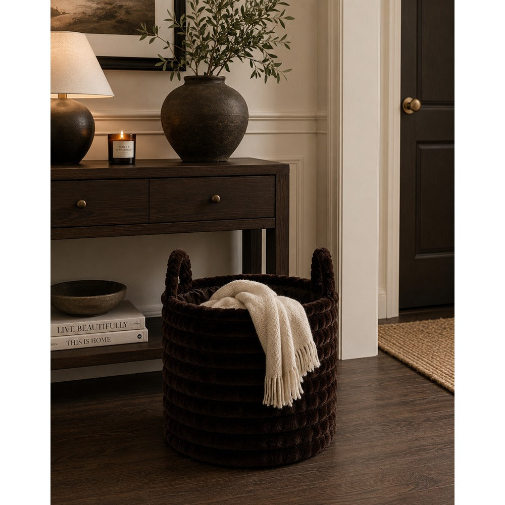 Plush Ribbed Round Storage Basket | 38cm, Assorted Colours, with Handles