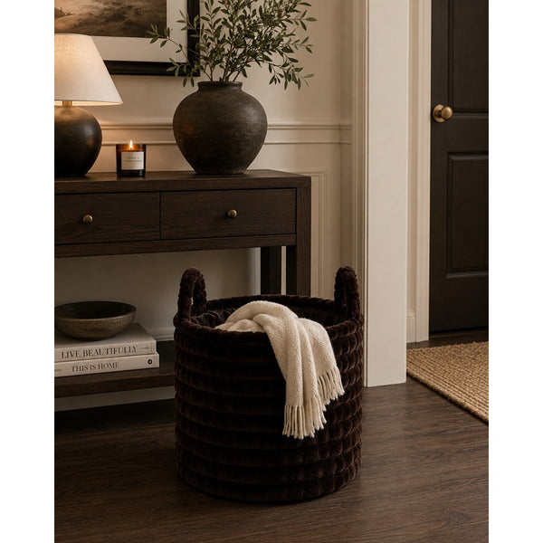 Plush Ribbed Round Storage Basket | 38cm, Assorted Colours, with Handles