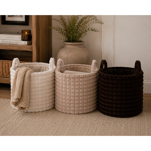 Plush Ribbed Round Storage Basket | 38cm, Assorted Colours, with Handles
