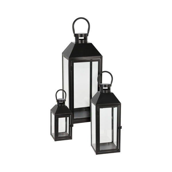 Home Decor Matte Black Metal Candle Lanterns | Set of 3, Glass Panels