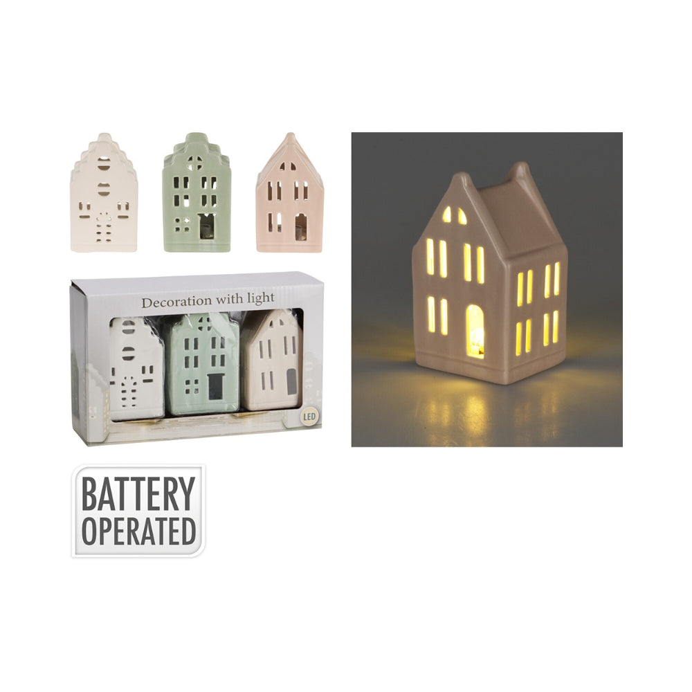 Home Decor Porcelain LED House Light Set | Pack of 3, Battery Operated