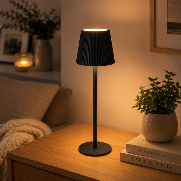 Black Touch-Control LED Table Lamp | 36cm, Dimmable Pleated Shade