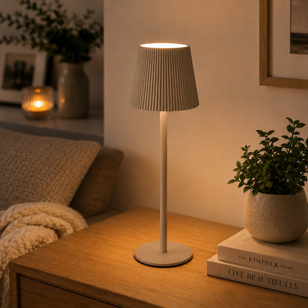 Taupe Cordless Pleated Shade Table Lamp | 36cm, Warm Ambient Glow