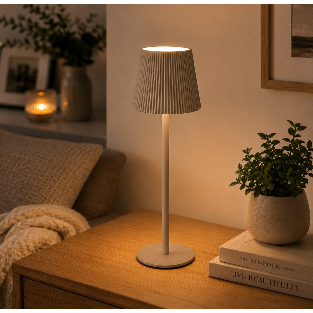 Taupe Cordless Pleated Shade Table Lamp 36cm Warm Ambient Glow
