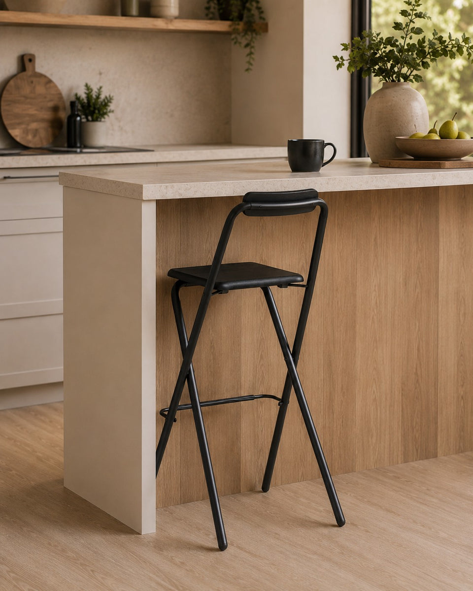 Folding Bar Stool with Backrest and Footrest | Black, Wood-Effect, 97cm