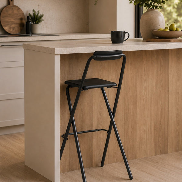 Folding Bar Stool with Backrest and Footrest | Black, Wood-Effect, 97cm