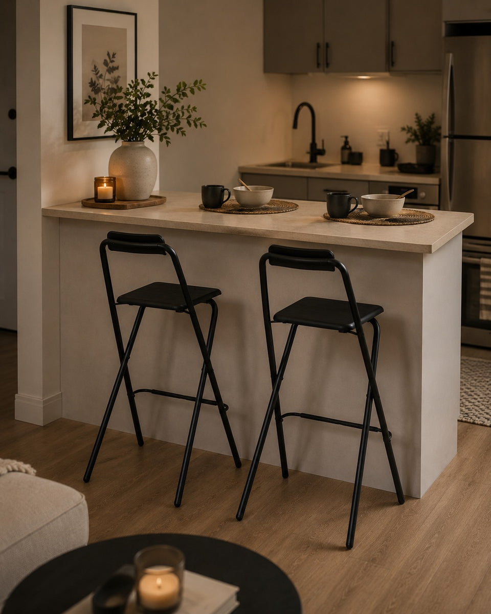 Folding Bar Stool with Backrest and Footrest | Black, Wood-Effect, 97cm
