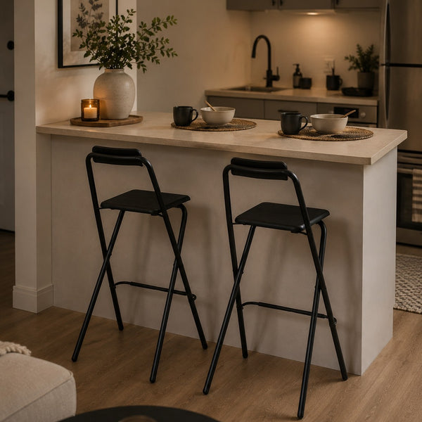Folding Bar Stool with Backrest and Footrest | Black, Wood-Effect, 97cm