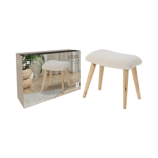 White Bouclé Fabric Upholstered Stool with Wooden Legs | 28cm