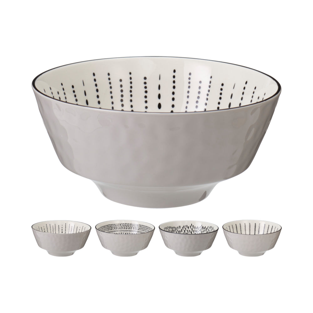 Kitchenware Large White Bowl with Assorted Black Print | Textured, Black Rim