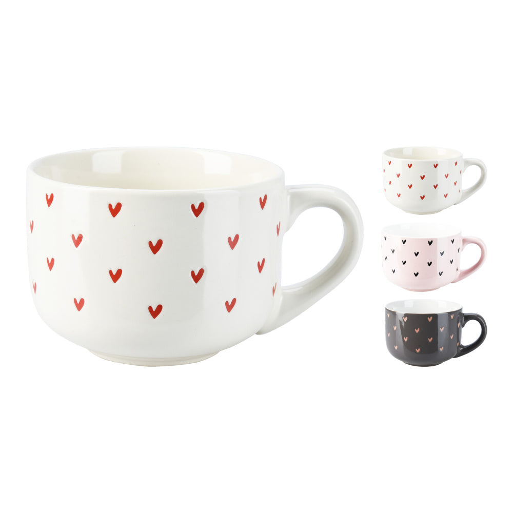 Glossy Heart Pattern Stoneware Mug | 450ml, Assorted Colours